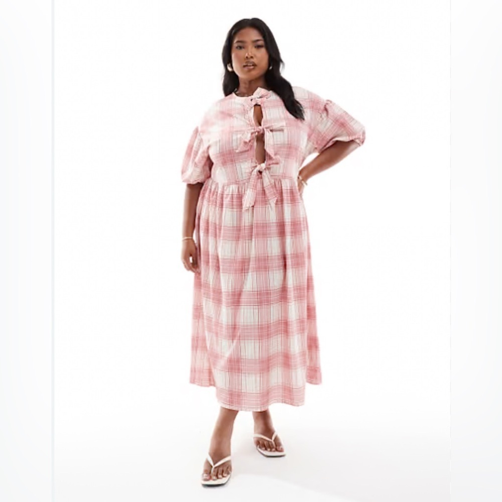 ASOS DESIGN Pink  Plaid Curve Puff Sleeve Tie Front Maxi Dress Size 14 - Picture 3 of 11